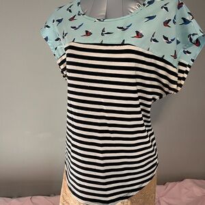 NY Collection Black & White Striped Top with Light Blue Bird Yoke